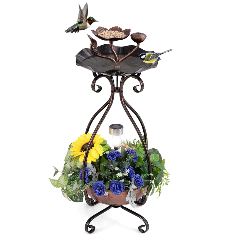 Solar Outdoor Bird Bath Feeder Combo with Flower Planter Pedestal and Solar Lights-Copper