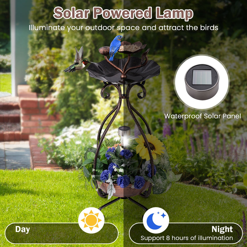 Solar Outdoor Bird Bath Feeder Combo with Flower Planter Pedestal and Solar Lights-Copper