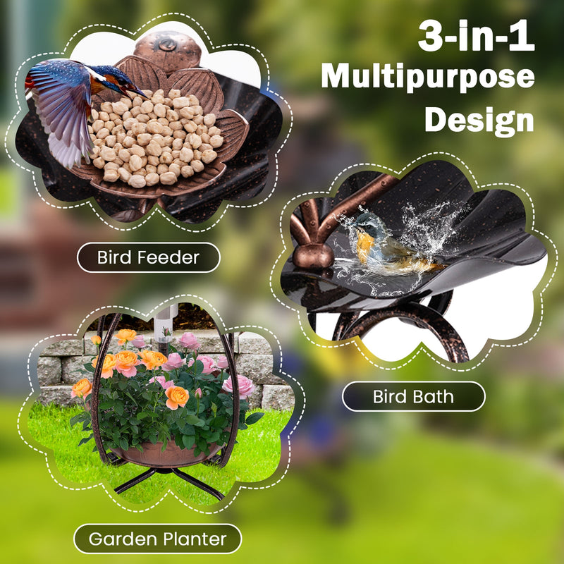 Solar Outdoor Bird Bath Feeder Combo with Flower Planter Pedestal and Solar Lights-Copper