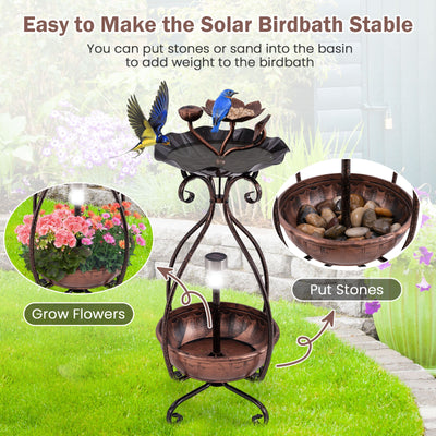 Solar Outdoor Bird Bath Feeder Combo with Flower Planter Pedestal and Solar Lights-Copper