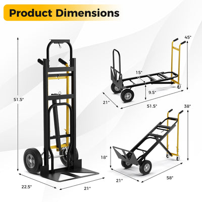 3-in-1 Convertible Hand Truck Metal Dolly Cart with 4 Rubber Wheels for Transport-Black