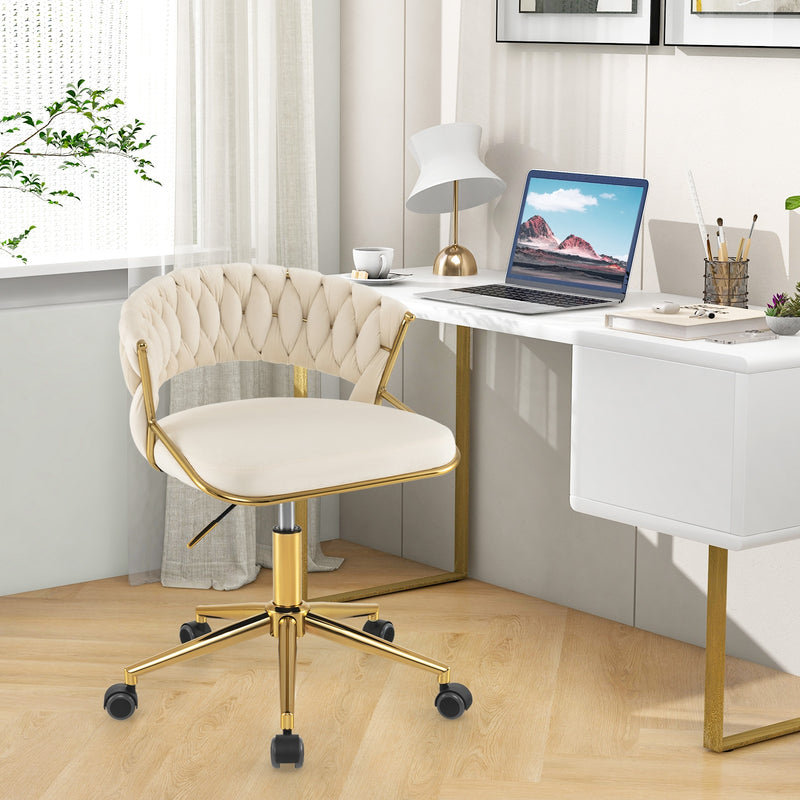 360° Height Adjustable Swivel Upholstered Desk Computer Chair with Hand-woven Back-Beige