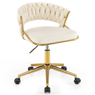 360° Height Adjustable Swivel Upholstered Desk Computer Chair with Hand-woven Back-Beige