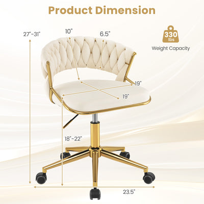 360° Height Adjustable Swivel Upholstered Desk Computer Chair with Hand-woven Back-Beige