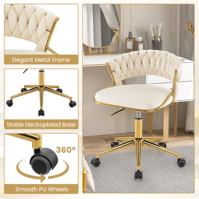 360° Height Adjustable Swivel Upholstered Desk Computer Chair with Hand-woven Back-Beige