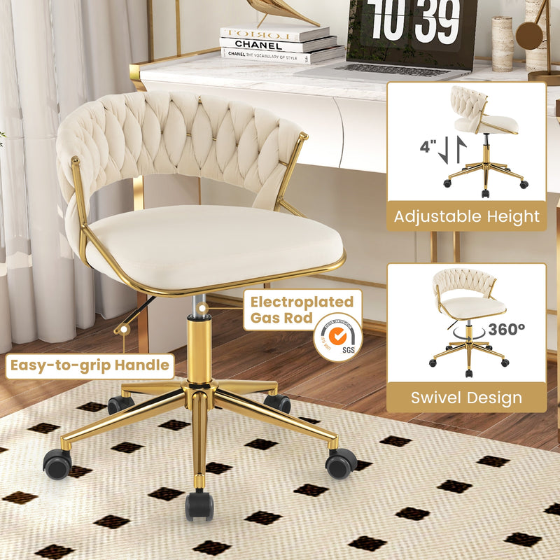 360° Height Adjustable Swivel Upholstered Desk Computer Chair with Hand-woven Back-Beige