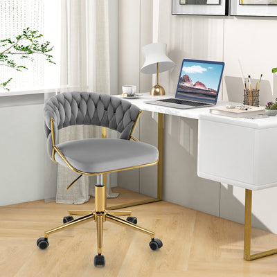 360° Height Adjustable Swivel Upholstered Desk Computer Chair with Hand-woven Back-Gray