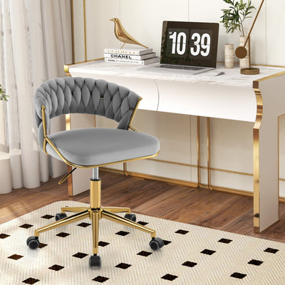 360° Height Adjustable Swivel Upholstered Desk Computer Chair with Hand-woven Back-Gray