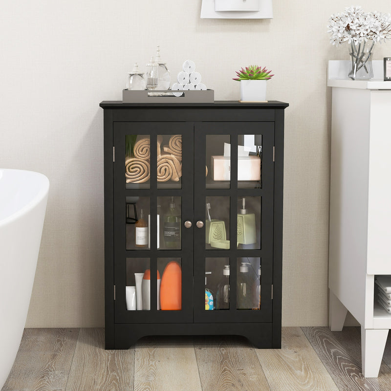 Freestanding Display Storage Cabinet with 2 Glass Doors and Adjustable Shelves-Black