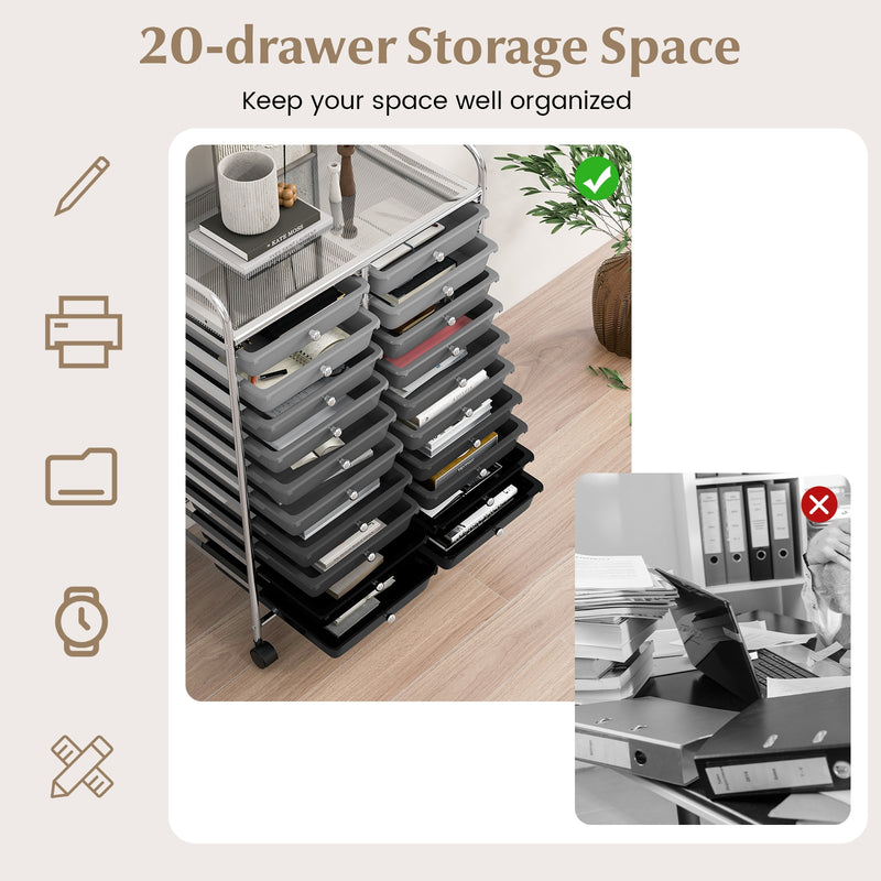 20 Drawers Rolling Storage Cart Studio Organizer-Black & Gray