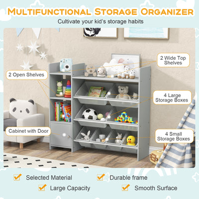 4-Tier Kids Bookshelf and Toy Storage Rack with 8 Toy Organizer Bins-Grey