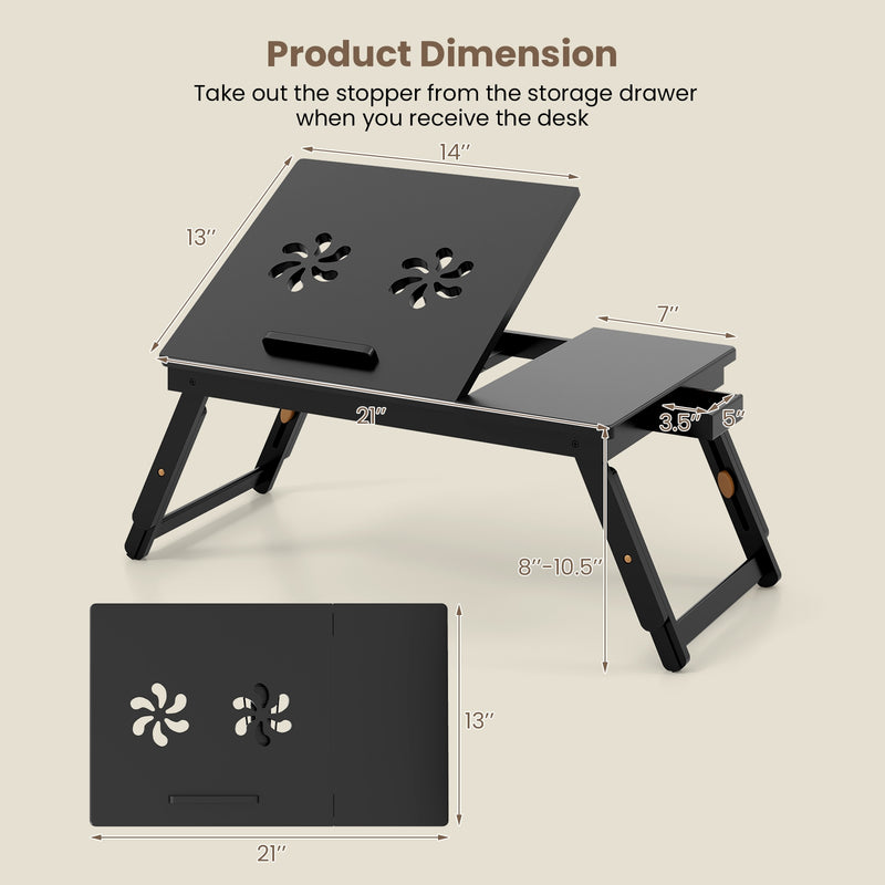 Adjustable Bamboo Laptop Desk with Tilting Top and Drawer-Brown