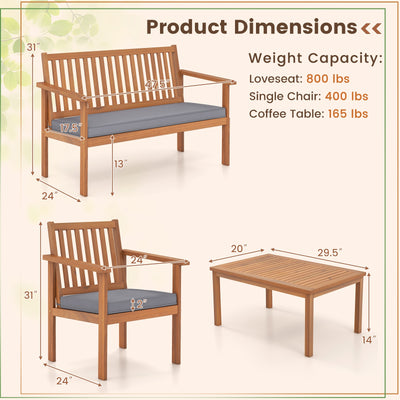 4 Piece Patio Wood Furniture Set Acacia Wood Sofa Set with Loveseat-Gray