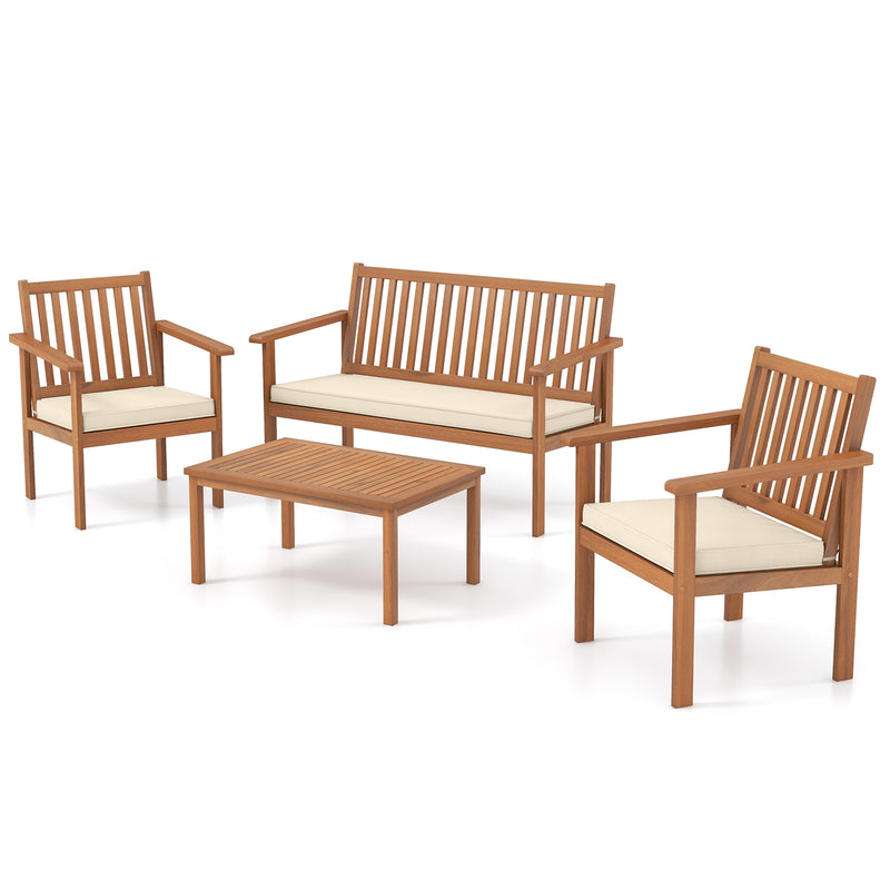 4 Piece Patio Wood Furniture Set Acacia Wood Sofa Set with Loveseat-Off White