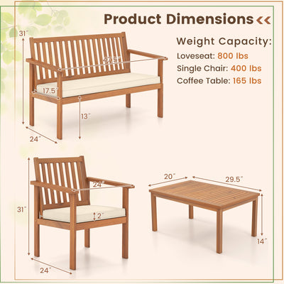 4 Piece Patio Wood Furniture Set Acacia Wood Sofa Set with Loveseat-Off White