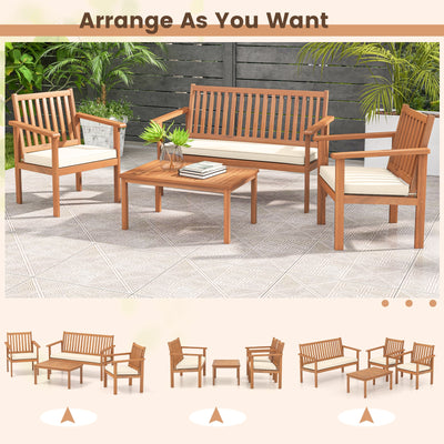 4 Piece Patio Wood Furniture Set Acacia Wood Sofa Set with Loveseat-Off White