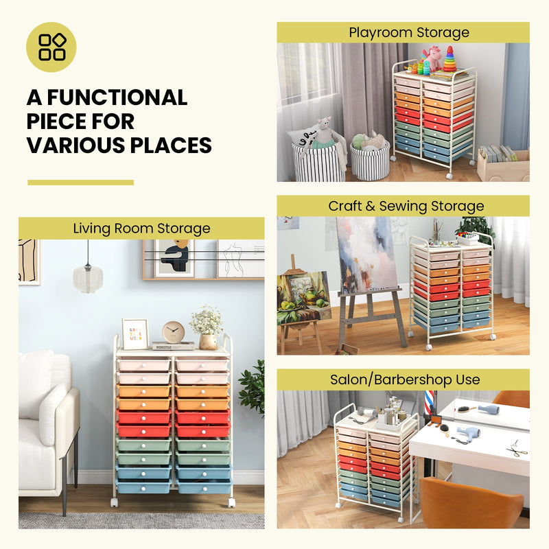 20 Drawers Rolling Storage Cart Studio Organizer-Deep Multicolor