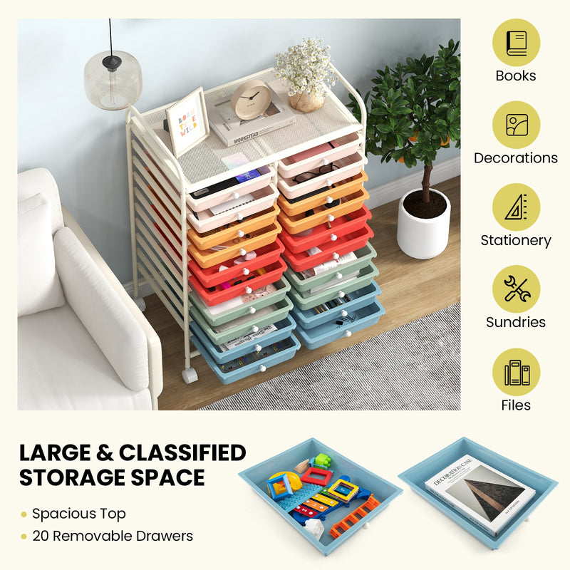 20 Drawers Rolling Storage Cart Studio Organizer-Deep Multicolor