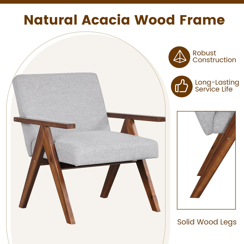 Modern Accent Chair Linen Fabric Armchair with Solid Acacia Wood Frame-Gray