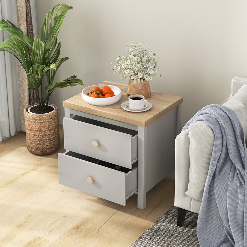 2-Drawer Nightstand with Rubber Wood Legs-Gray