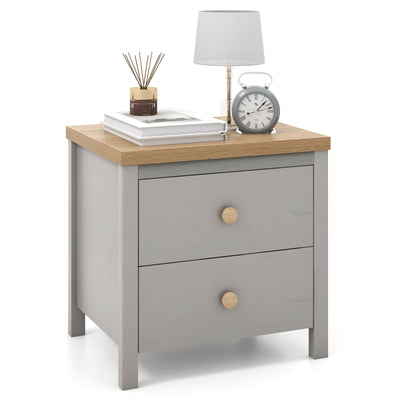 2-Drawer Nightstand with Rubber Wood Legs-Gray