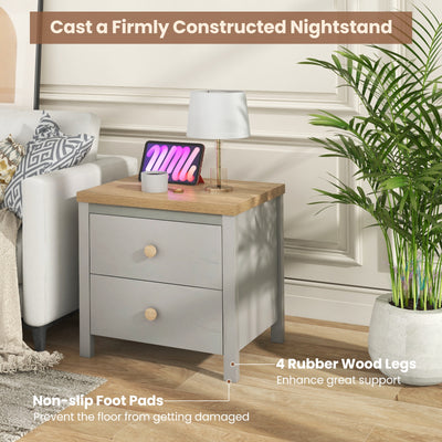 2-Drawer Nightstand with Rubber Wood Legs-Gray