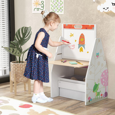 3 in 1 Kids Easel and Play Station Convertible with Chair and Storage Bins-White