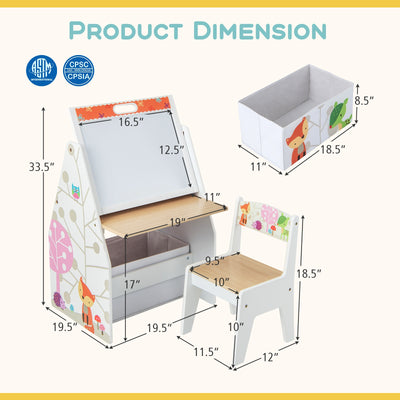 3 in 1 Kids Easel and Play Station Convertible with Chair and Storage Bins-White