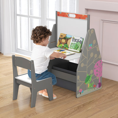 3 in 1 Kids Easel and Play Station Convertible with Chair and Storage Bins-Gray