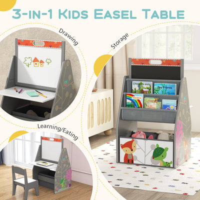 3 in 1 Kids Easel and Play Station Convertible with Chair and Storage Bins-Gray