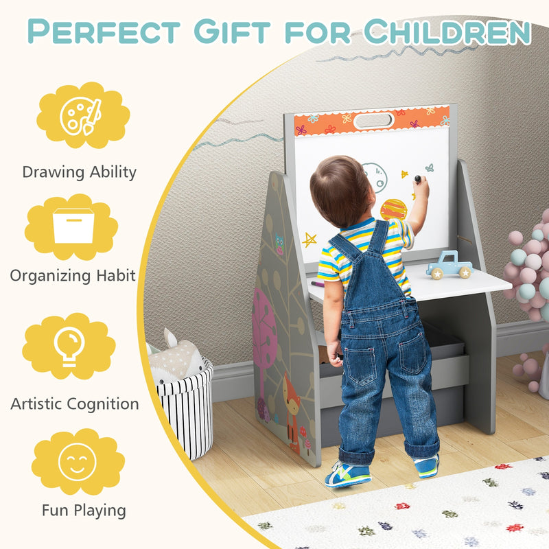 3 in 1 Kids Easel and Play Station Convertible with Chair and Storage Bins-Gray