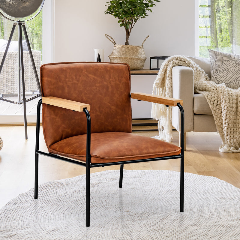 PU Leather Accent Chair with Rubber Wood Armrests-Brown