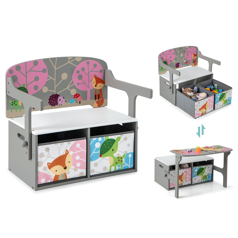 3 in 1 Kids Convertible Activity Bench with 2 Removable Fabric Bins-Gray