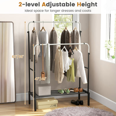 Double Rod Clothes Garment Rack with Adjustable Heights-Silver