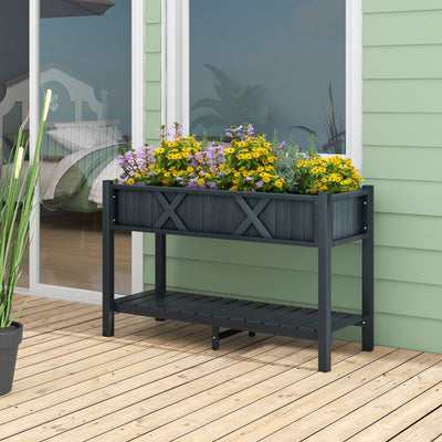 Poly Wood Elevated Planter Box with Legs Storage Shelf Drainage Holes-Black