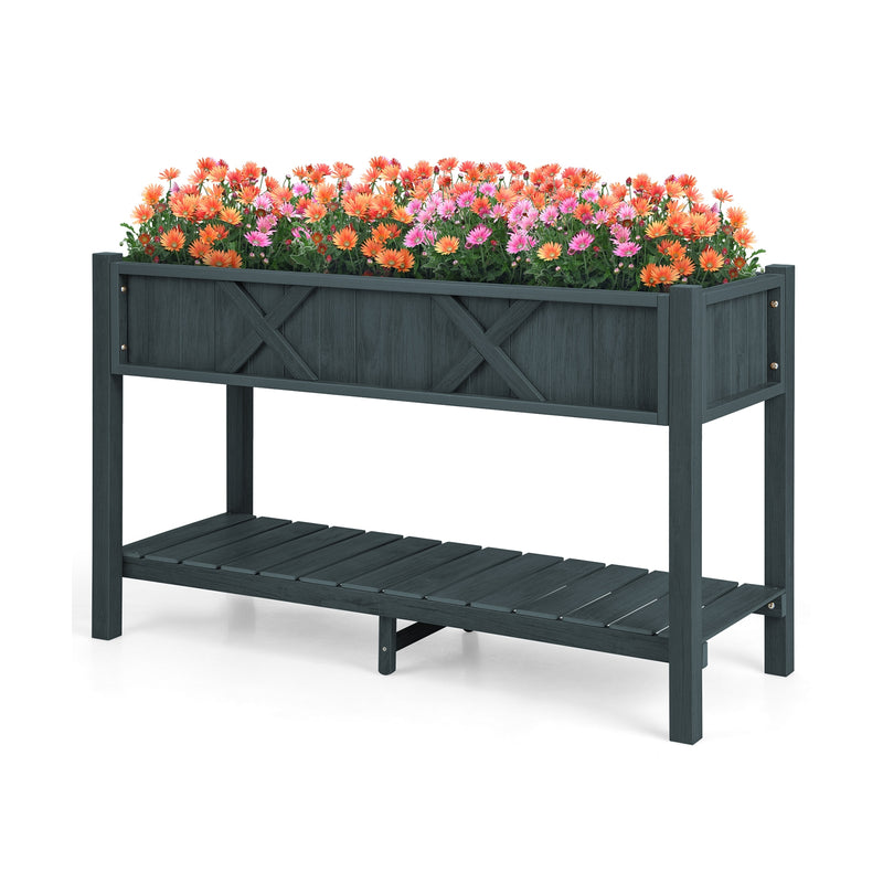 Poly Wood Elevated Planter Box with Legs Storage Shelf Drainage Holes-Black