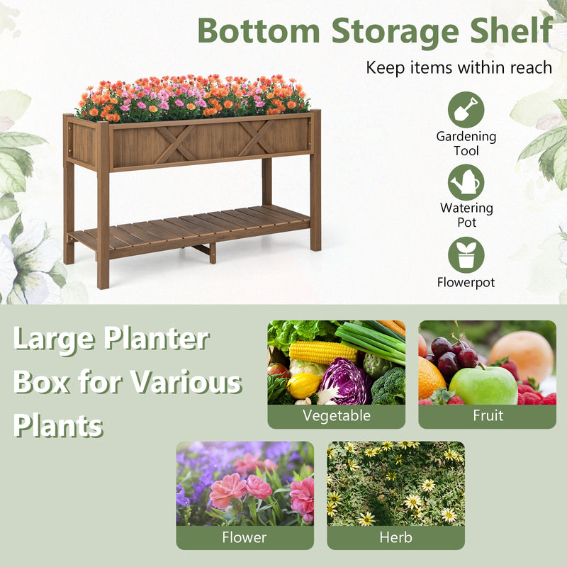 Poly Wood Elevated Planter Box with Legs Storage Shelf Drainage Holes-Coffee