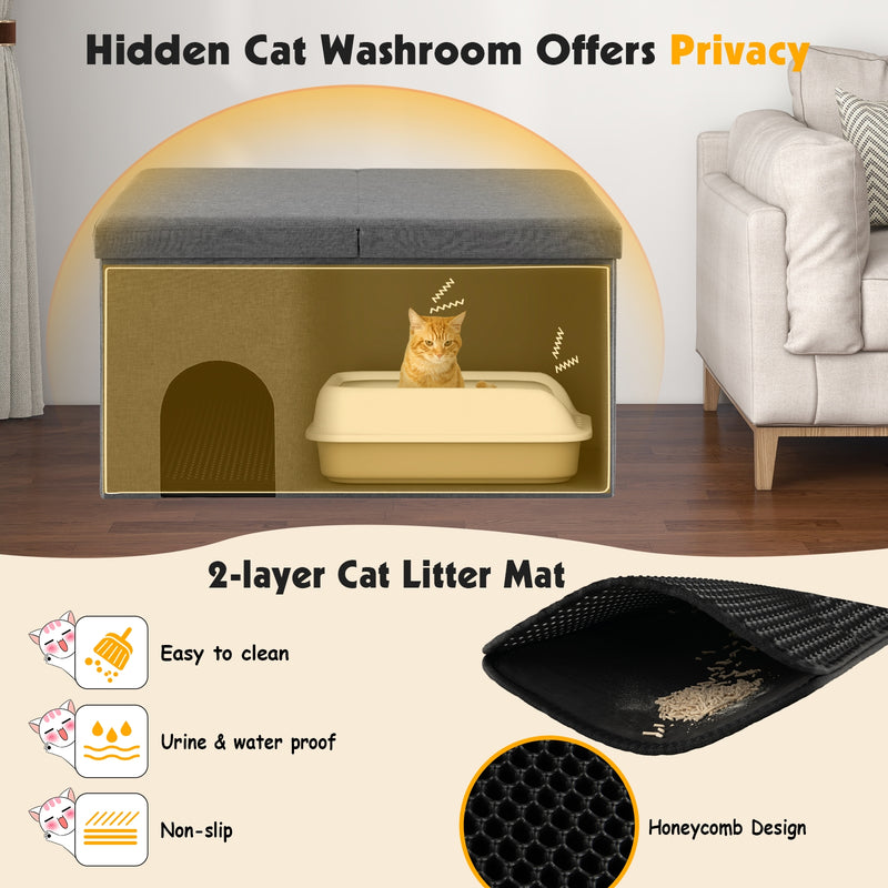 Cat Litter Box Enclosure Hidden Furniture with Urine Proof Litter Mat-Gray