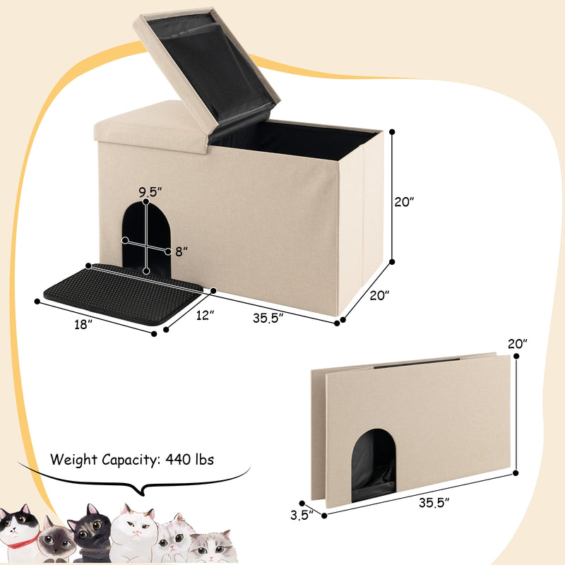 Cat Litter Box Enclosure Hidden Furniture with Urine Proof Litter Mat-Beige