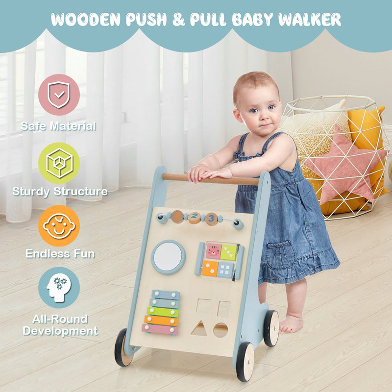 Wooden Baby Walker Toddler Push Walker with  Xylophone and Flip Blocks-Blue