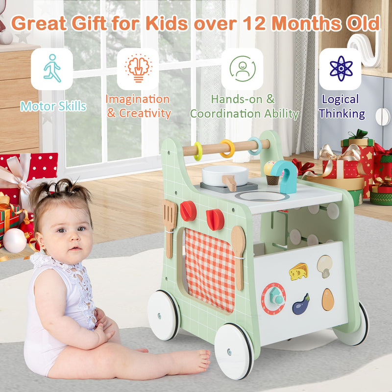 6-in-1 Wooden Baby Stroller with Play Kitchen for Kids Over 12 Months-Green