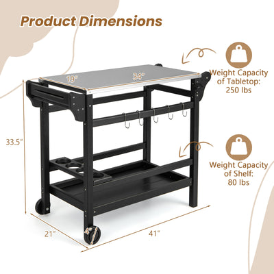 Movable Outdoor Dining Cart Table HDPE Pizza Oven Stand Table with Stainless Steel Tabletop-Black