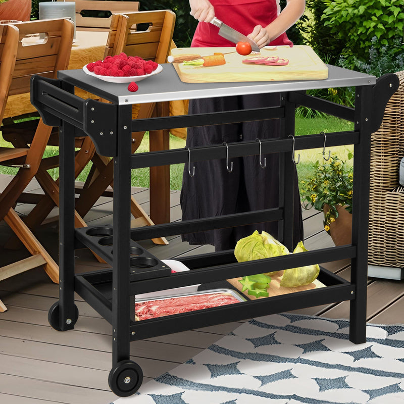 Movable Outdoor Dining Cart Table HDPE Pizza Oven Stand Table with Stainless Steel Tabletop-Black