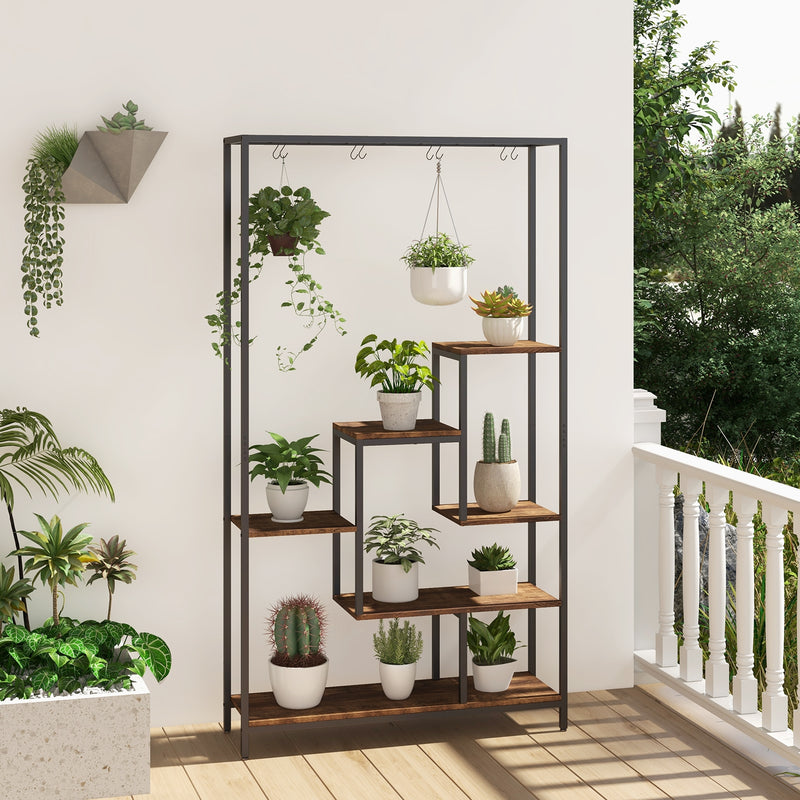 6-Tier Tall Plant Stand 71 Inch Metal Indoor Plant Shelf with 10 Hanging Hooks-Rustic Brown