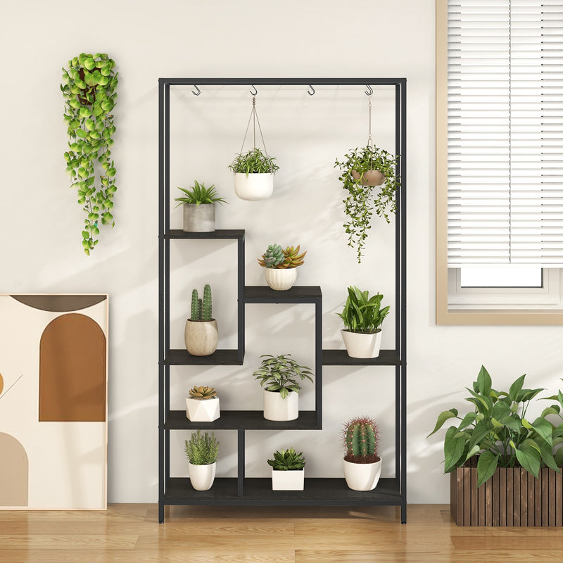 6-Tier Tall Plant Stand 71 Inch Metal Indoor Plant Shelf with 10 Hanging Hooks-Black