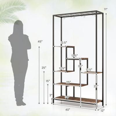 6-Tier Tall Plant Stand 71 Inch Metal Indoor Plant Shelf with 10 Hanging Hooks-Rustic Brown