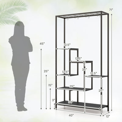 6-Tier Tall Plant Stand 71 Inch Metal Indoor Plant Shelf with 10 Hanging Hooks-Black