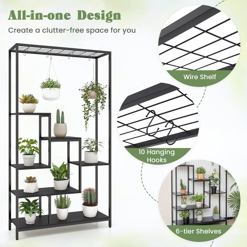 6-Tier Tall Plant Stand 71 Inch Metal Indoor Plant Shelf with 10 Hanging Hooks-Black