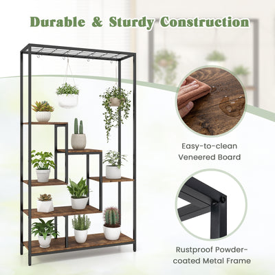 6-Tier Tall Plant Stand 71 Inch Metal Indoor Plant Shelf with 10 Hanging Hooks-Rustic Brown