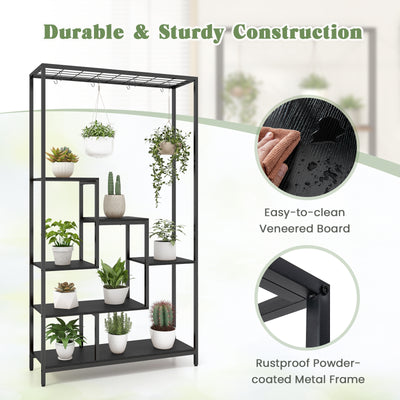 6-Tier Tall Plant Stand 71 Inch Metal Indoor Plant Shelf with 10 Hanging Hooks-Black